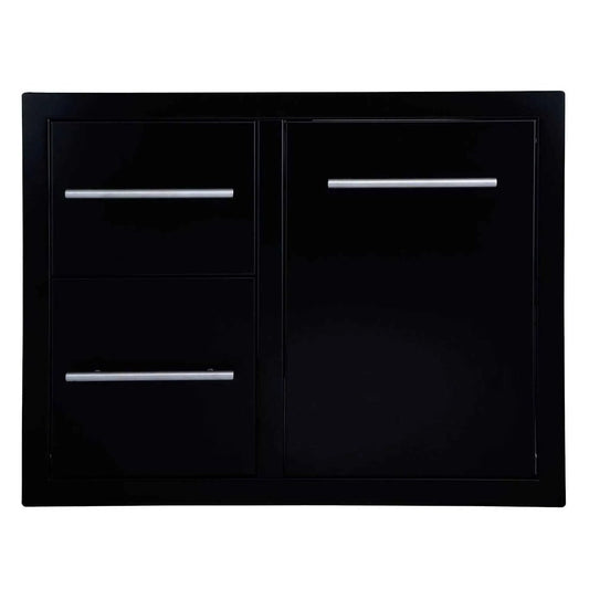 Sunstone black series double drawer trash combo 30 inch black glossy cabinet with two drawers and one door with silver handles