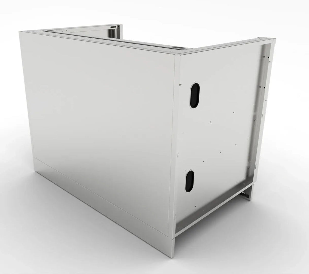 Stainless steel sunstone cabinet base with sleek minimalist design and two vertical oval cutouts on side panel for storage