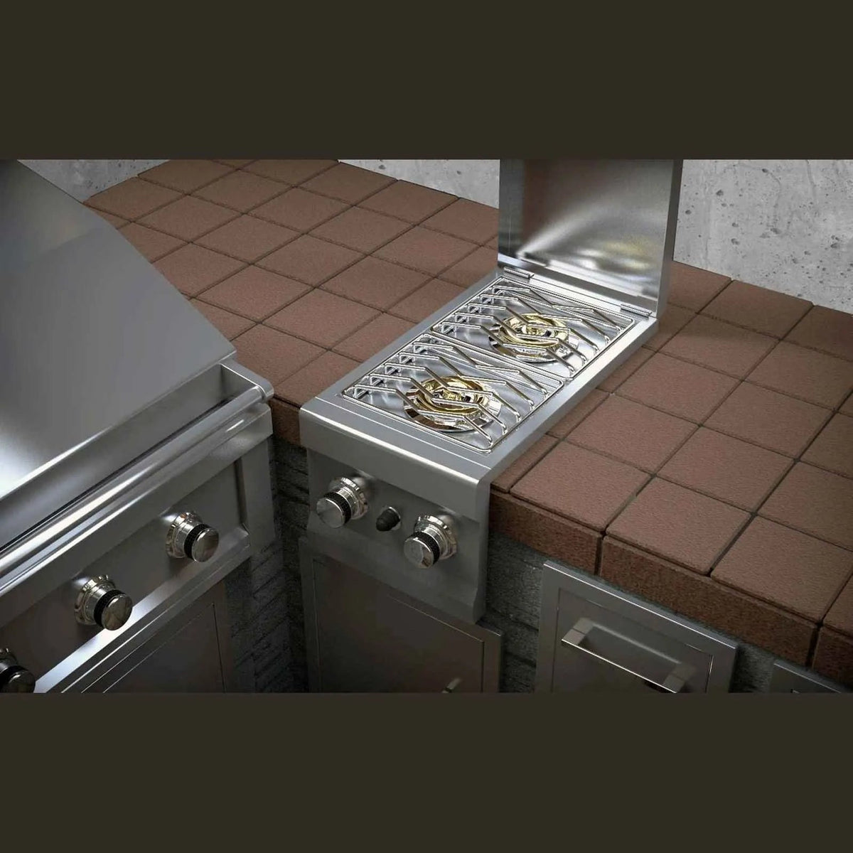 Sunstone double side burner stainless steel gas grill with two burners and gold-colored burner caps
