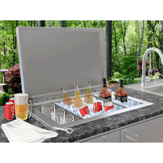 Silver stainless steel sunstone drop in ice chest with hinged lid holding beverages in ice for outdoor kitchen use