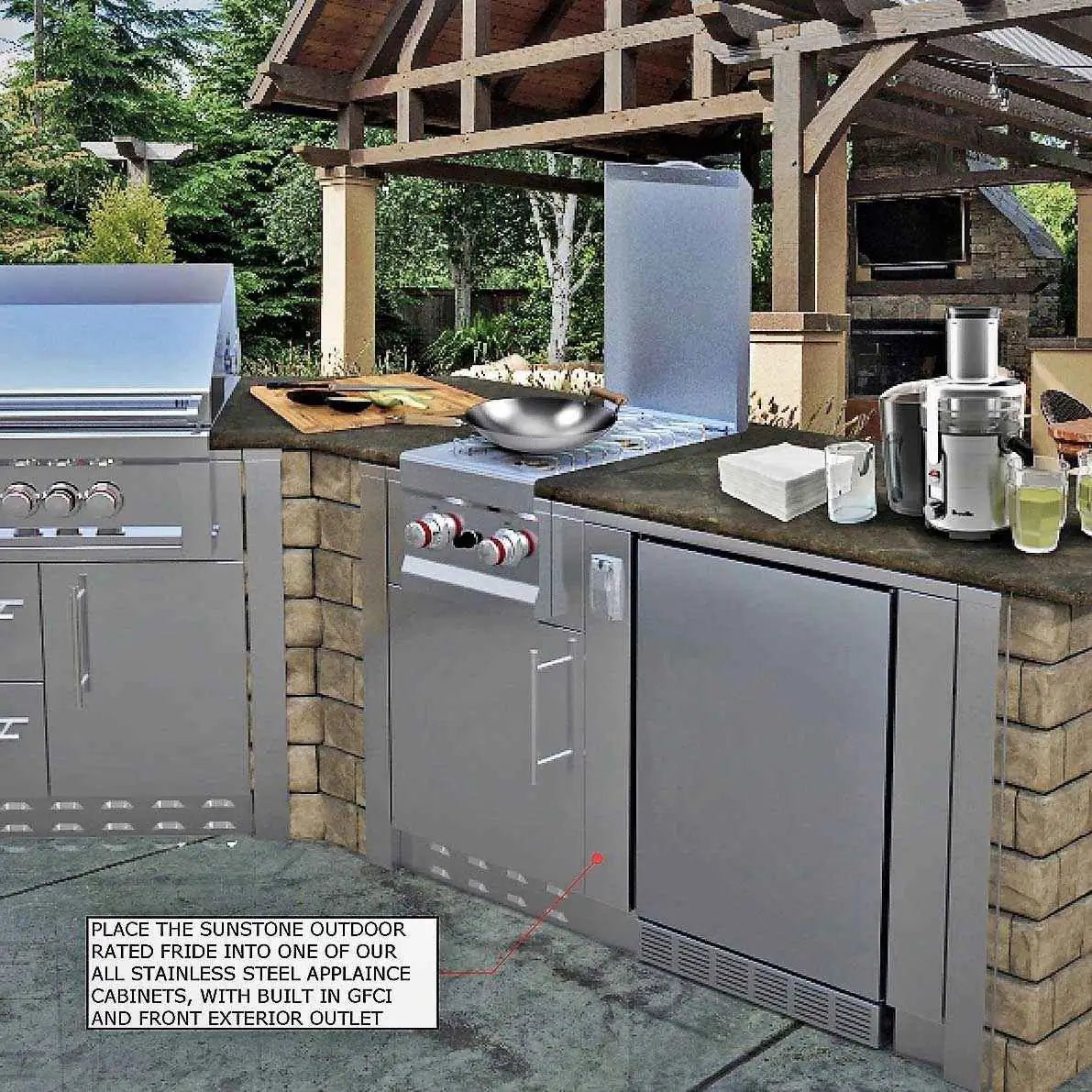 Sunstone outdoor rated stainless steel refrigerator with sleek modern design and integrated gfci outlet