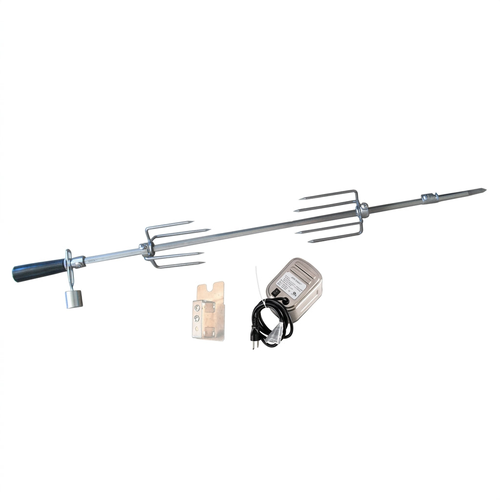 Silver metal rotisserie rod with black handle and multiple prongs for outdoor grilling sunstone p-rk-4b kit