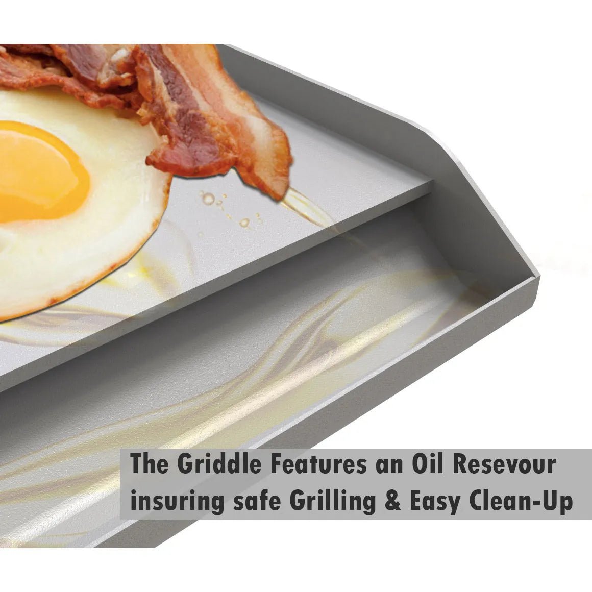 Silver-colored rectangular sunstone ruby solid steel powder coated griddle with smooth surface and oil reservoir for easy cleanup