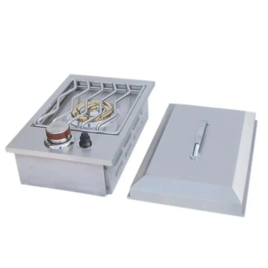 Sunstone single side burner silver stainless steel gas cooktop with a gold-colored burner and matching lid