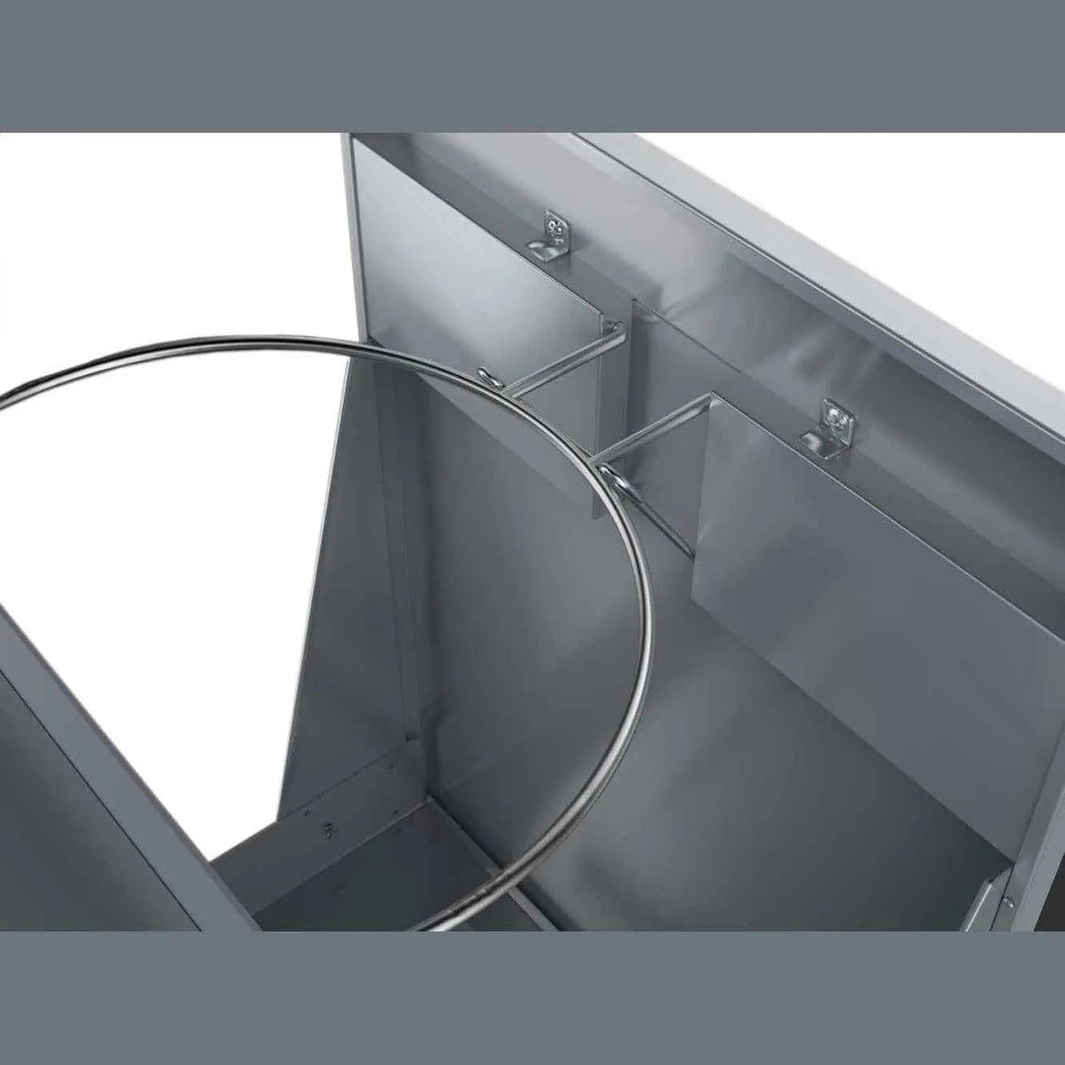 Stainless steel sunstone trash drawer with sleek reflective finish and integrated mounting brackets for easy installation