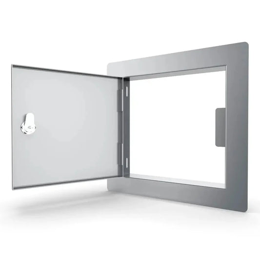 Sunstone utility access door 12x12 gray metal panel with hinged door and circular lock for secure entry