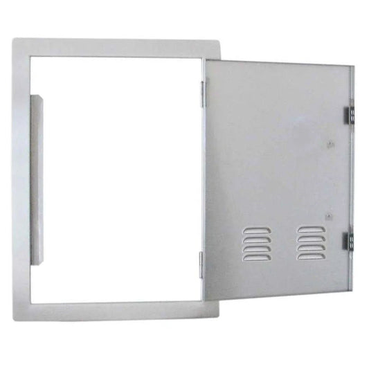 Silver metallic utility access panel Sunstone vertical door ventilated right opening with hinged door and ventilation slots