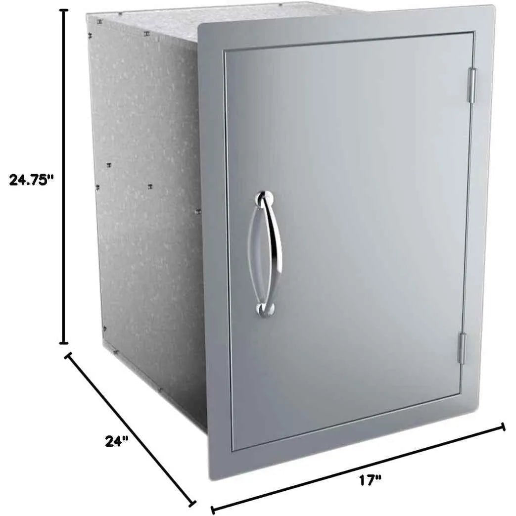 Silver stainless steel Sunstone vertical dry storage cabinet with shelf and polished chrome handle for organized storage