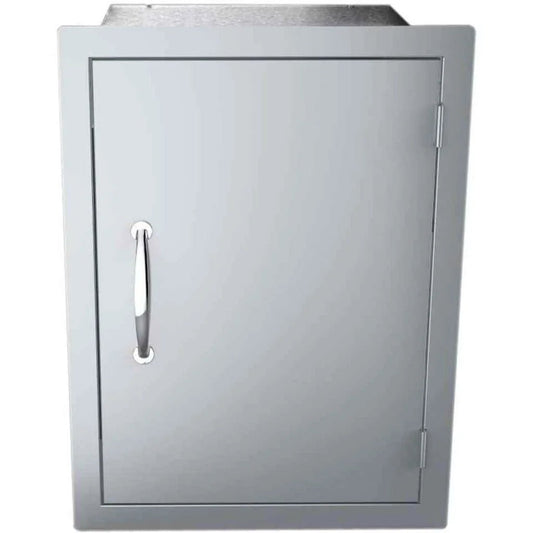Silver stainless steel outdoor cabinet sunstone vertical dry storage with shelf and polished handle in sleek minimalist design