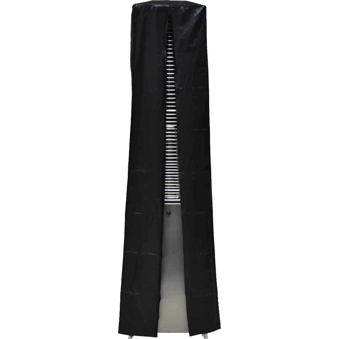 Black fabric tahiti II patio heater cover with central zipper revealing metallic air purifier grille
