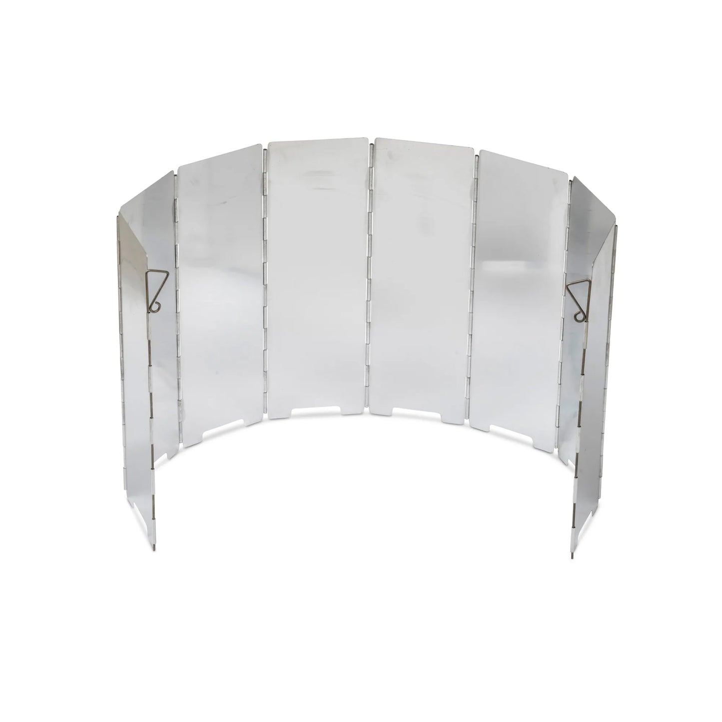 Silver foldable metal campfire screen with curved design and hinged panels hot wok windstopper hw5753