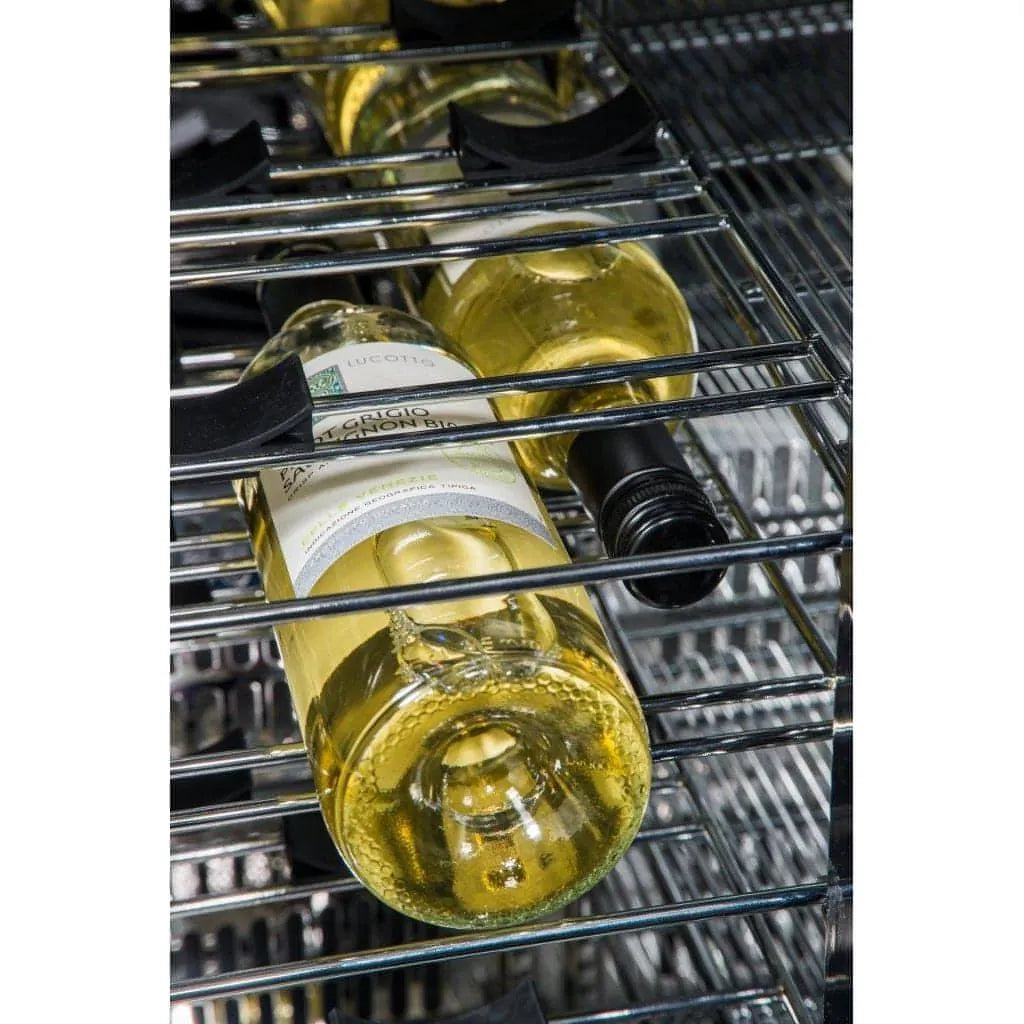 A clear glass bottle of white wine with black cork on a metal wire wine shelf for blastcool outdoor fridges