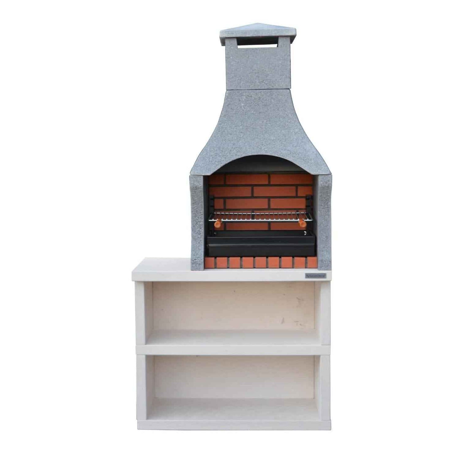 Gray stone chimney grill with red brick interior and white storage base from xclusivedecor firenze bbq with side table