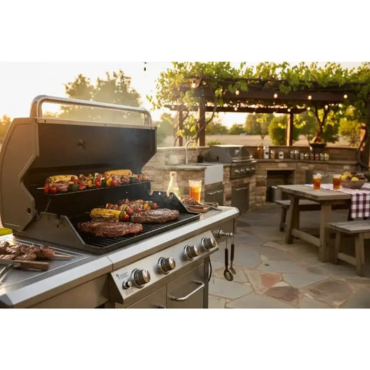 Vibrant outdoor BBQ scene with a quality gas grill, sizzling steaks and vegetables with beautiful smoke rising