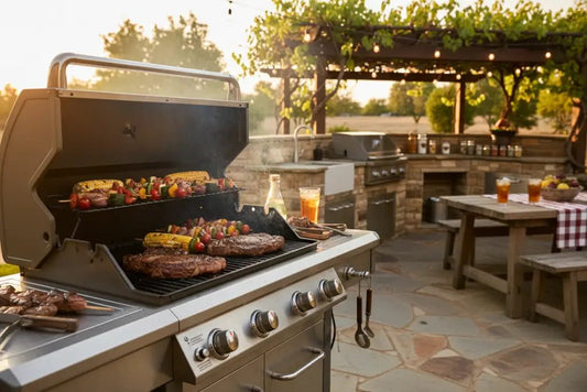 Vibrant outdoor BBQ scene with a quality gas grill, sizzling steaks and vegetables with beautiful smoke rising