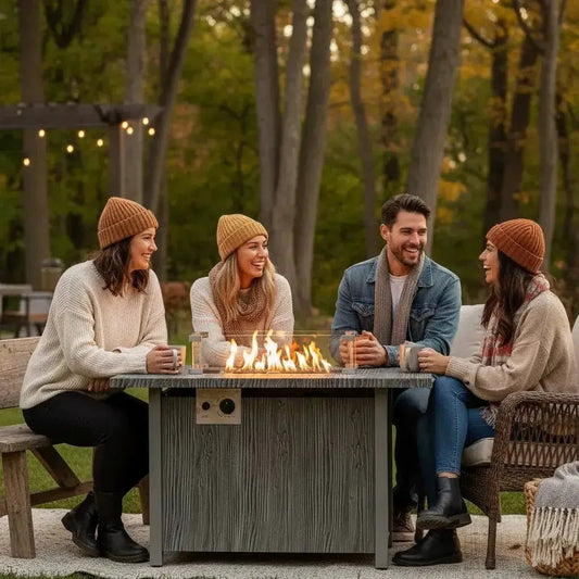 Gray wood-grain outdoor fire table with glowing flame centerpiece for cozy outdoor heating tips