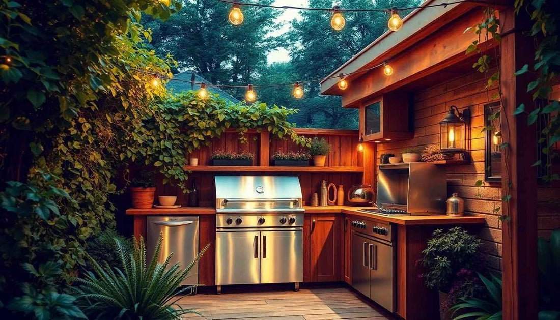 Stainless steel gas grill with sleek modern design and four control knobs for perfect alfresco kitchen outdoor living