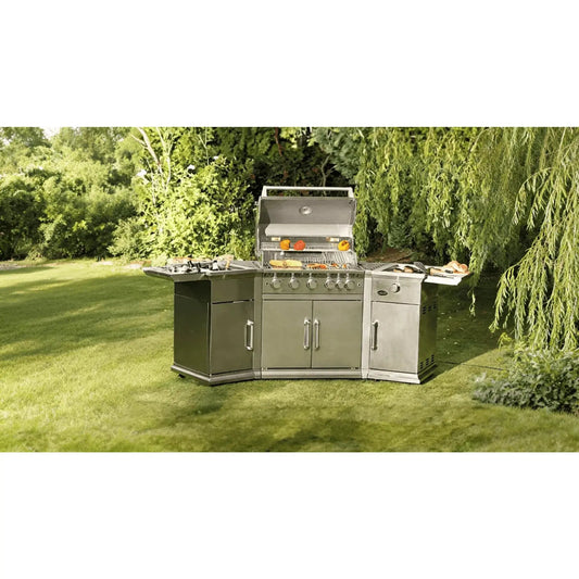 Stainless steel outdoor gas grill with side cabinets and countertops for durable backyard cooking use.