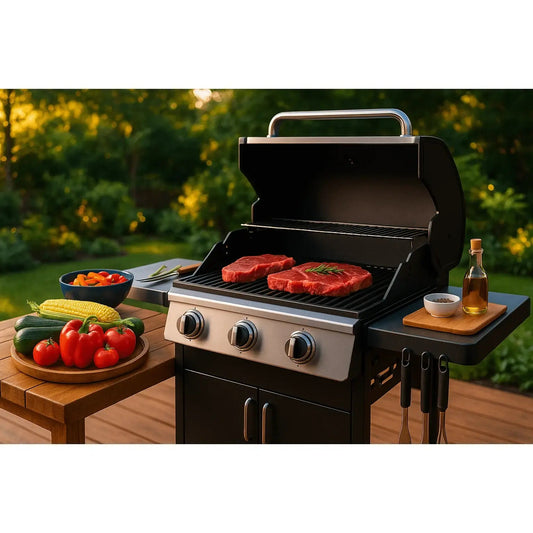 Black and stainless steel gas grill with three control knobs and sleek modern design for outdoor cooking FAQs.