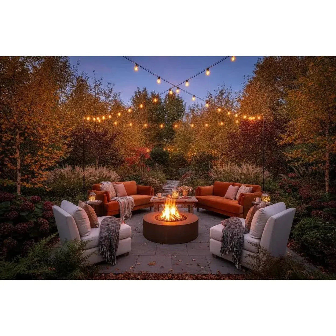 Outdoor fire pit glowing beside comfortable garden seating at night