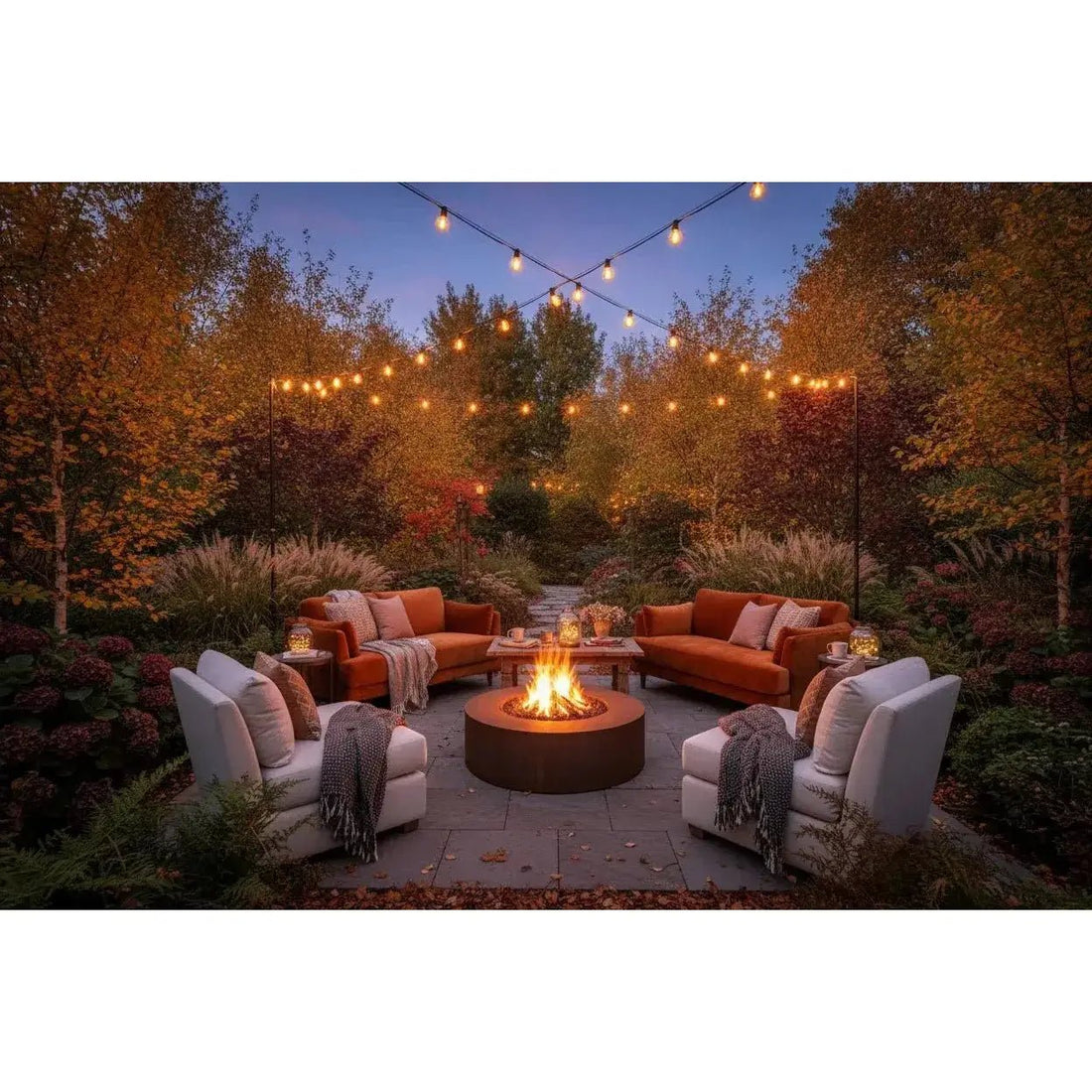 Warm-toned circular fire pit with glowing flame and cozy outdoor seating under string lights for year-round garden enjoyment.