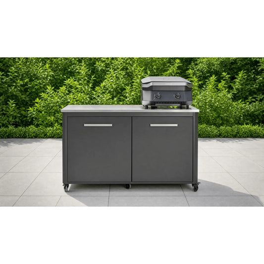 Gray outdoor grill cart with stainless steel countertop and two doors featuring sleek modern design for bbq grilling