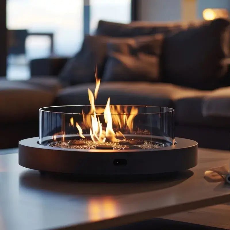 Circular biofuel fire pit with glass guard in a garden