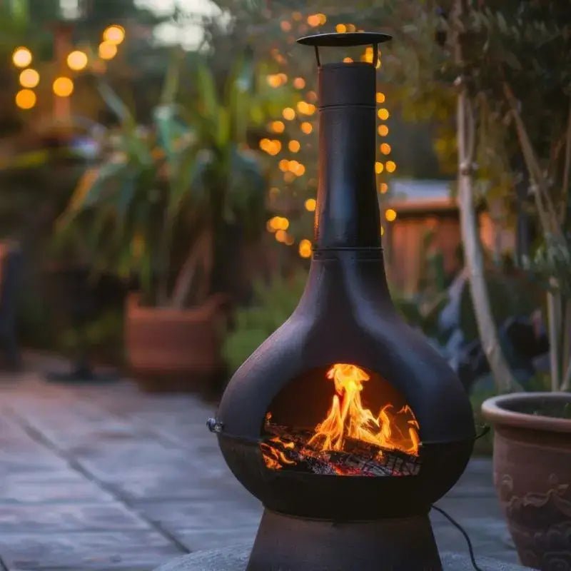 An iron chimenea in a garden
