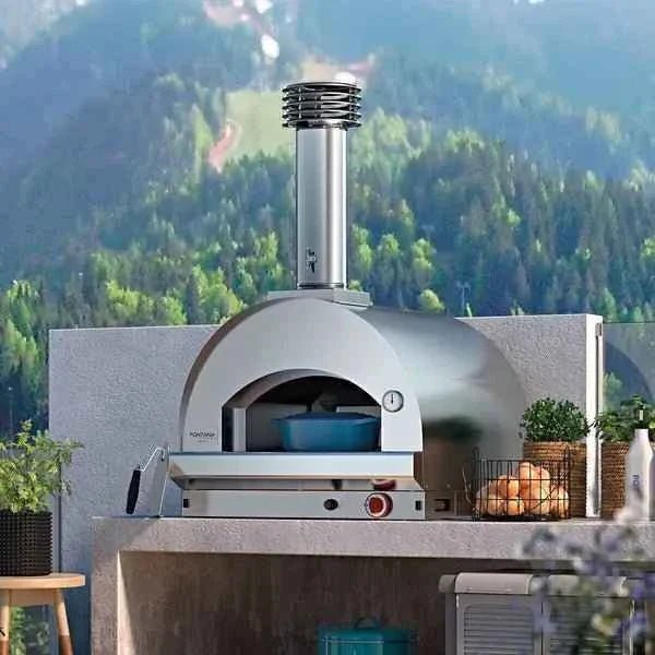 Stainless steel outdoor fontana margherita rosso countertop dual fuel pizza oven with curved dome and chimney