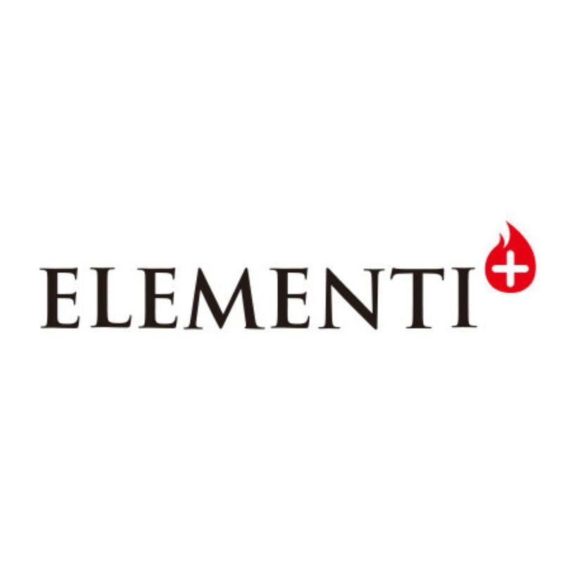 Black elementi logo with a red flame emblem containing a white plus sign from the Elementi Plus collection