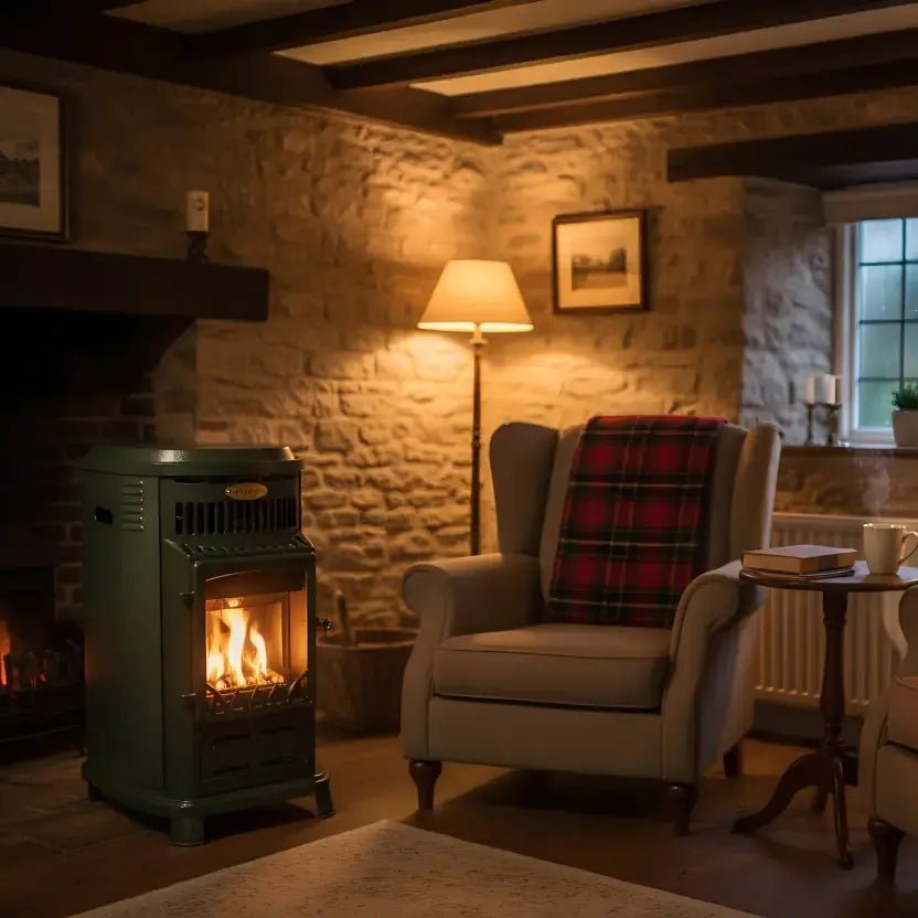 Dark green metal pellet stove with visible flames inside for efficient indoor heating use