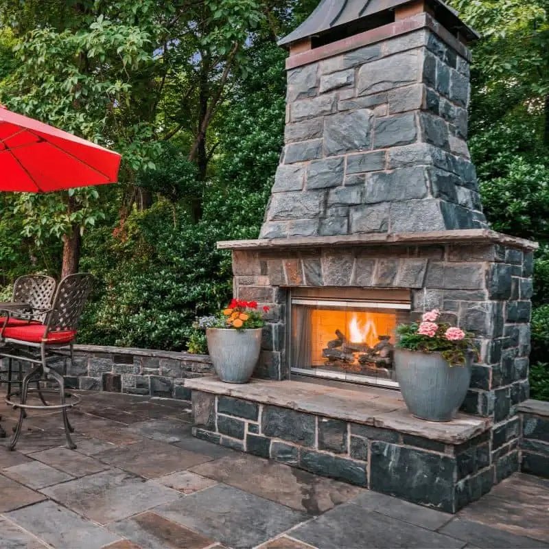 Masonry outdoor fireplace on patio