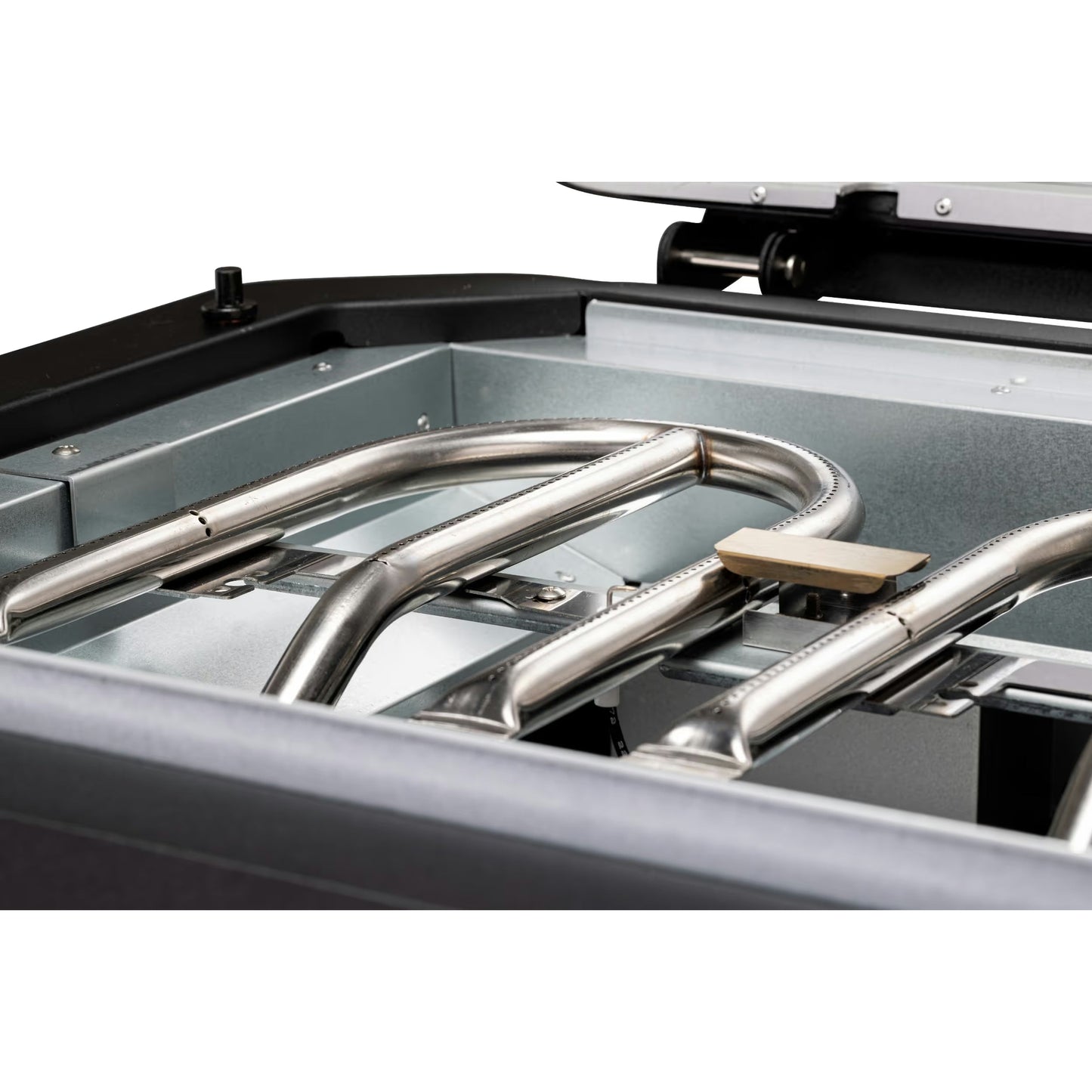 Stainless steel burner assembly with curved polished tubes and beige ignition block for cozze g-500 gas grill