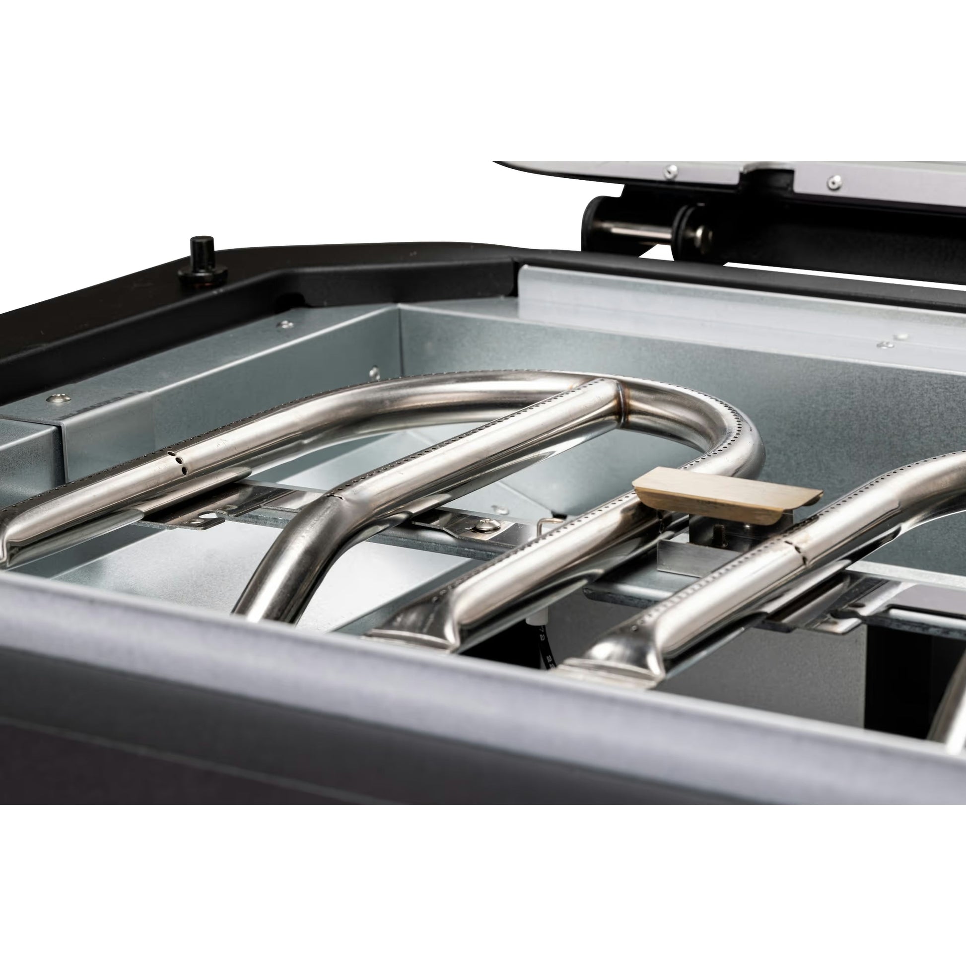 Stainless steel burner assembly with curved polished tubes and beige ignition block for cozze g-500 gas grill
