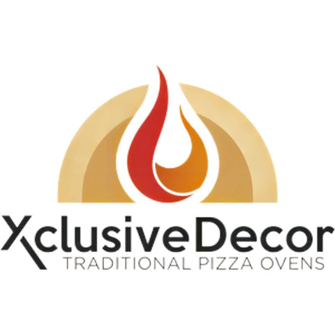 Xclusive decor logo featuring a stylized flame in red and orange against a golden arch, with the text ’traditional pizza ovens’ beneath.