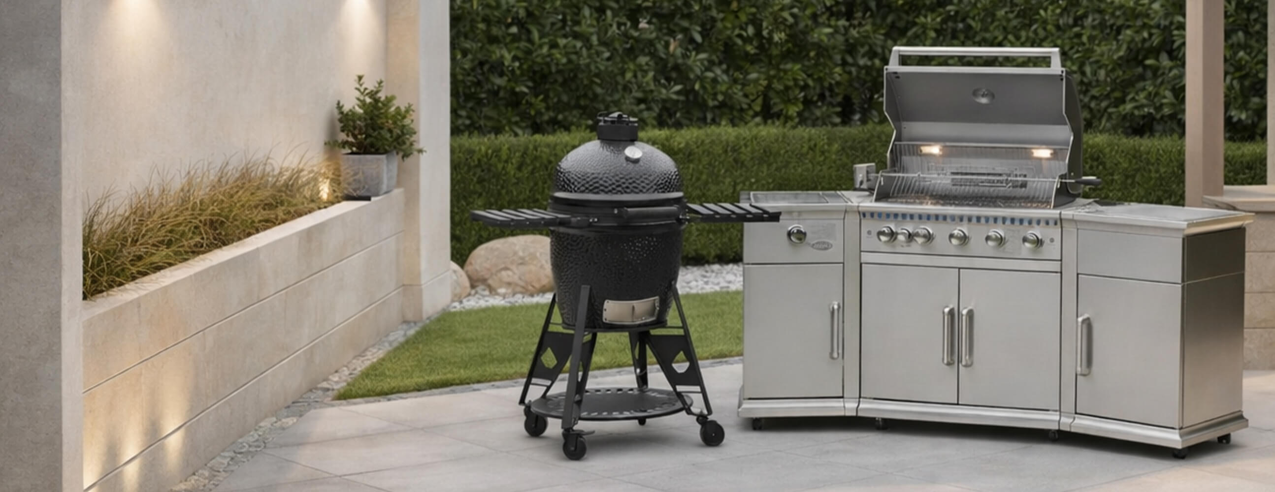 GardenHearth outdoor kitchen with a grill and cabinets in a garden setting