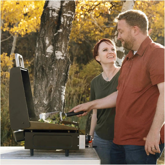 Black Blackstone 17 inch tabletop griddle with hood featuring a portable gas grill with silver handle and black grates