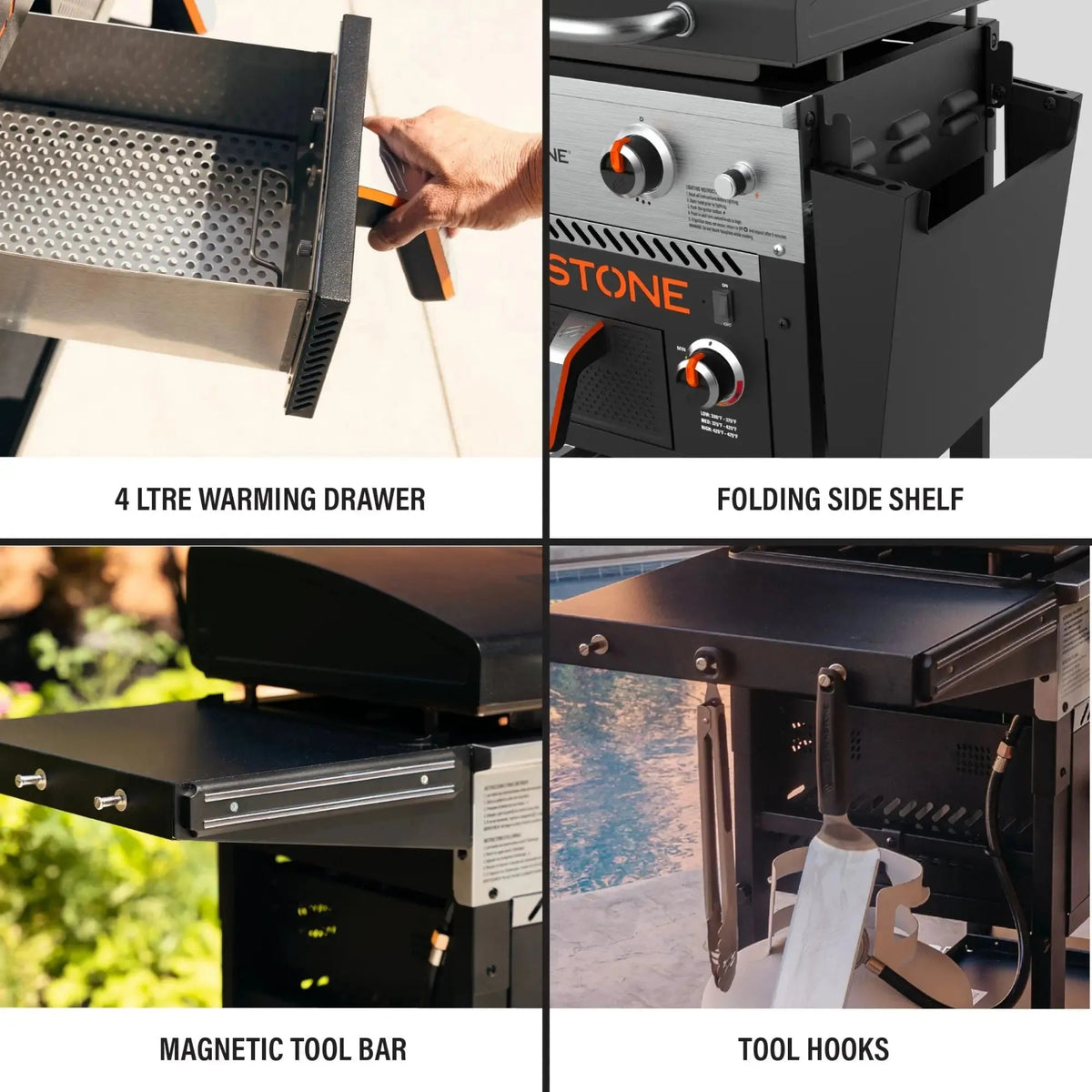 Blackstone 28 inch griddle with air fryers featuring black stainless steel grilling station orange controls and warming drawer