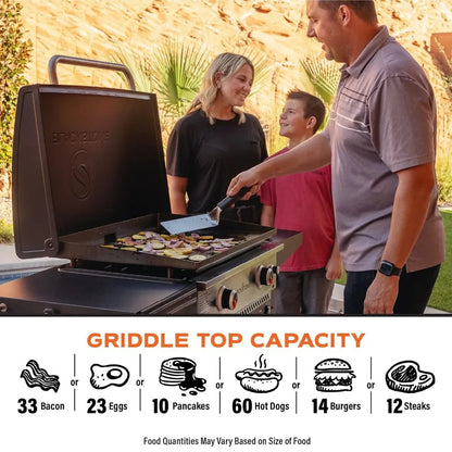 Blackstone 28 inch griddle with air fryers featuring a black stainless steel top and sturdy handle for versatile cooking
