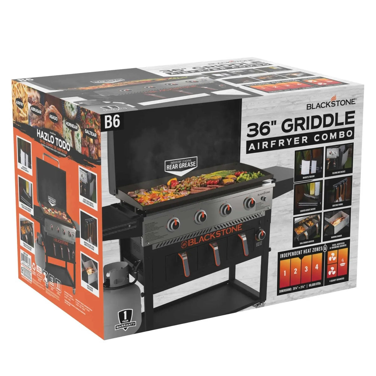 Blackstone 36-inch griddle air fryer combo with black and stainless steel finish featuring four independent heat zones