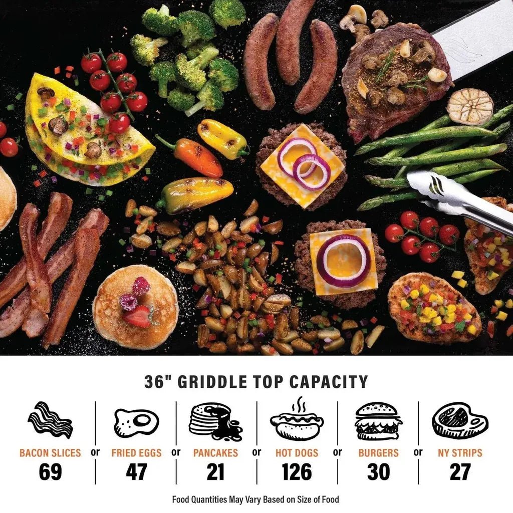 Blackstone 36 inch griddle with air fryer black non stick surface cooking bacon eggs pancakes hot dogs burgers steak