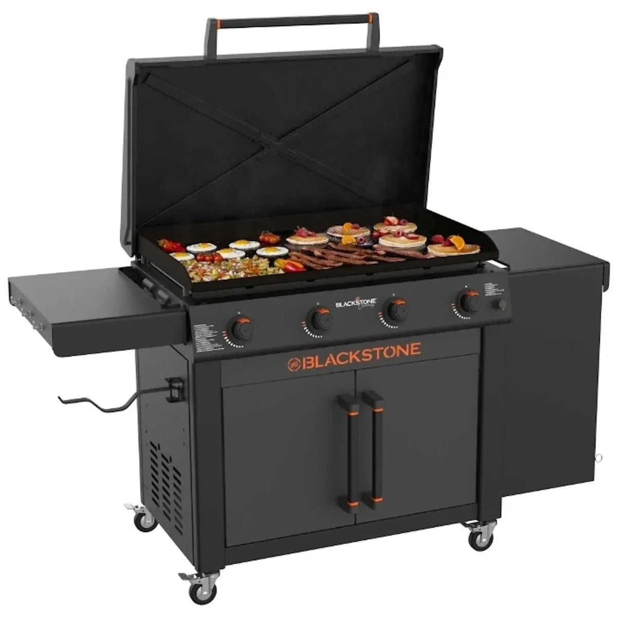 Blackstone culinary 36 inch gas grill with black cast iron griddle orange accent knobs handles and side shelves
