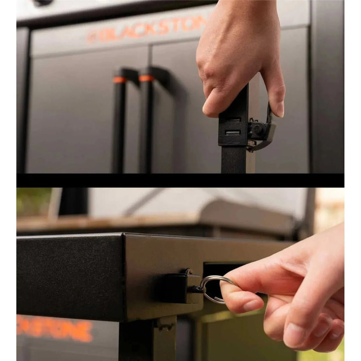 Blackstone culinary 36 inch griddle with cabinet and side table featuring a black metal frame and orange accent details