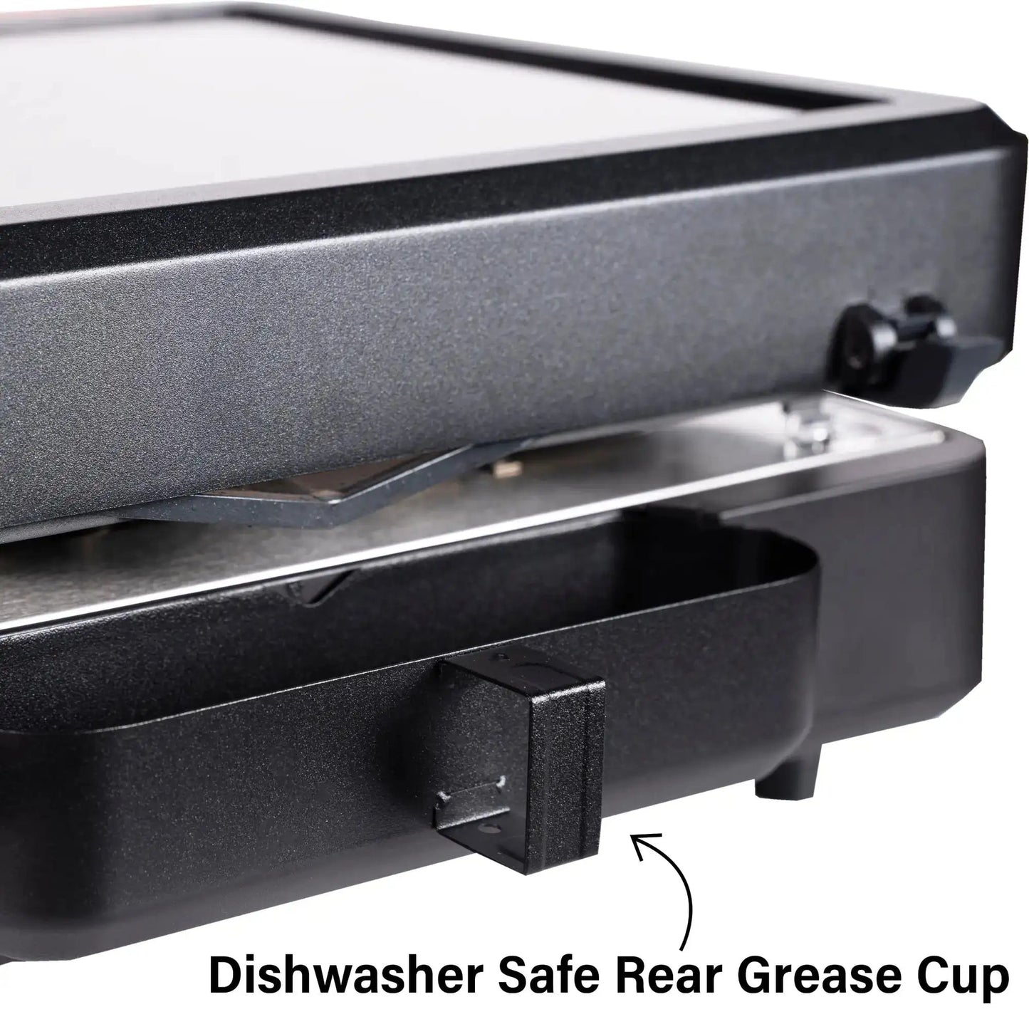 Black plastic dishwasher safe rear grease cup with small rectangular handle for Blackstone E Series 17 inch electric griddle