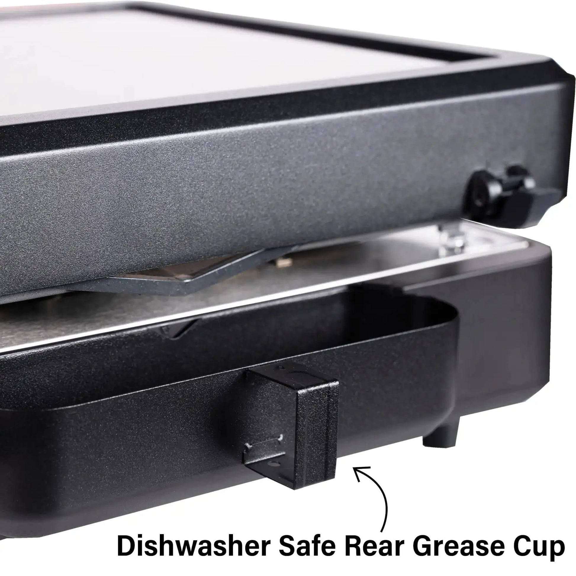 Black plastic dishwasher safe rear grease cup with small rectangular handle for Blackstone E Series 17 inch electric griddle