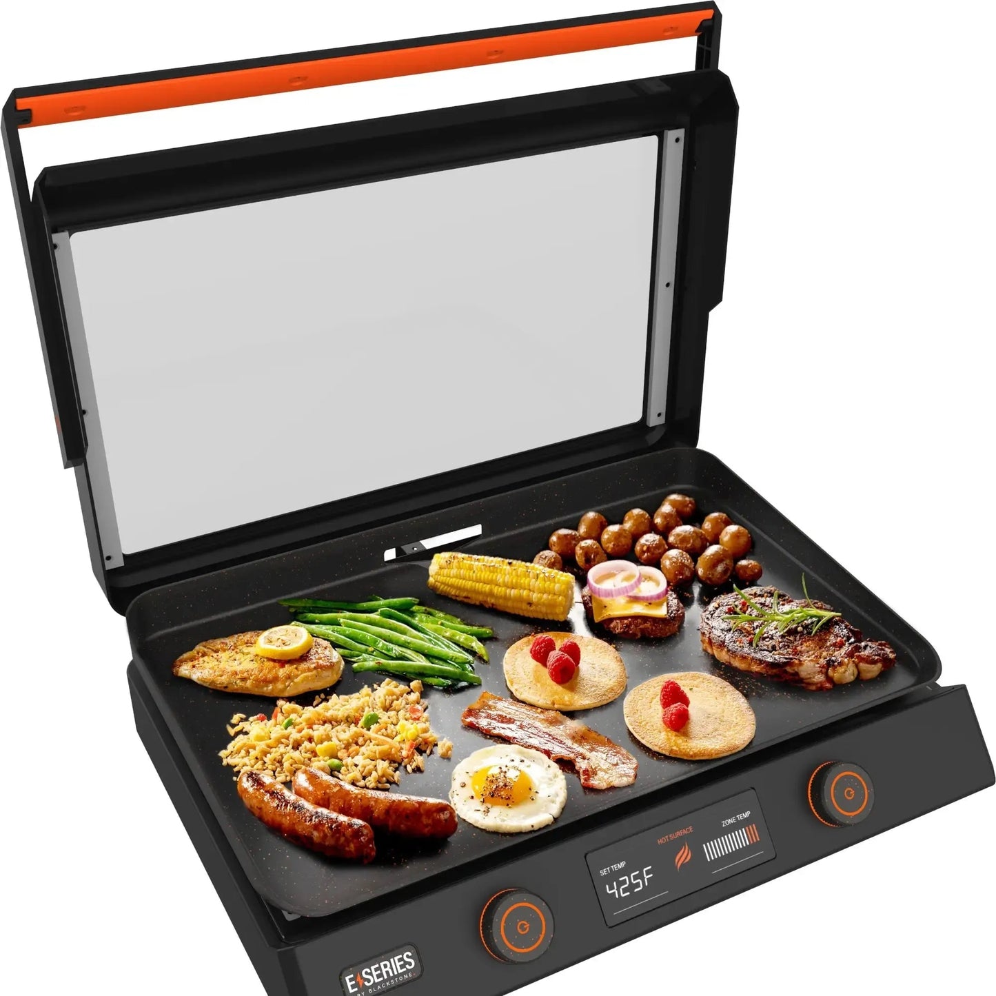 Blackstone E Series 22 electric tabletop griddle with black non stick surface orange handle and digital display at 425f loaded with grilled foods
