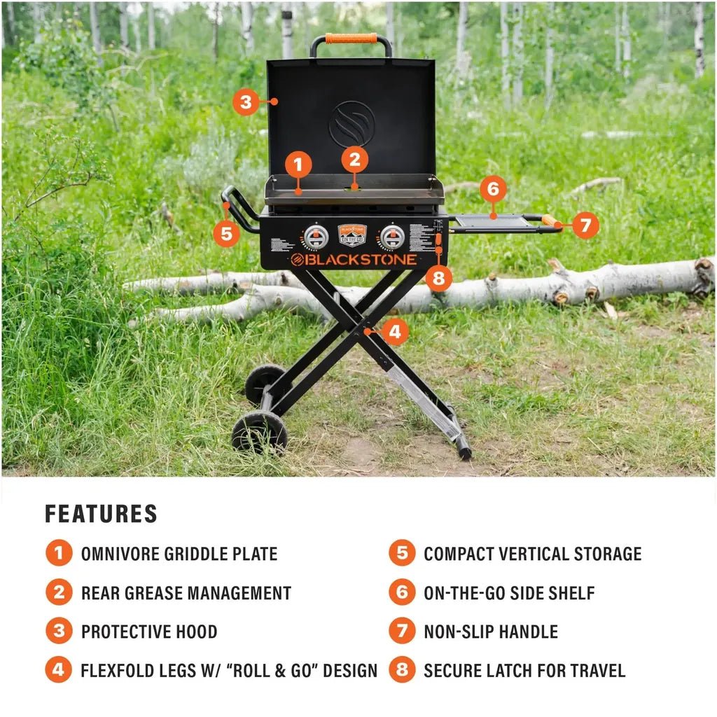 Blackstone otg 22 inch portable gas grill with black body orange handle and control knobs with flexfold legs