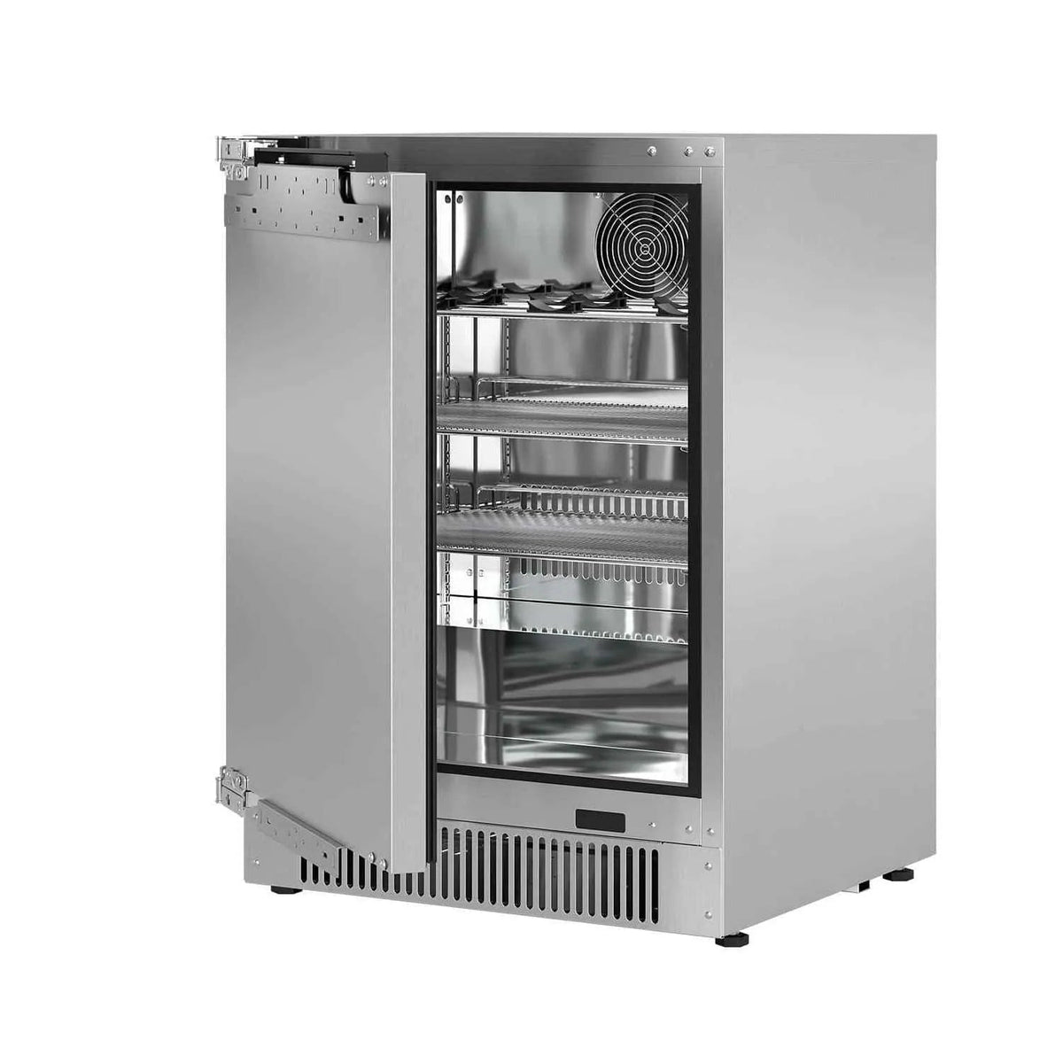 Blastcool Extremis iXP1 integrated outdoor fridge with stainless steel glass door and multiple wire shelves in silver