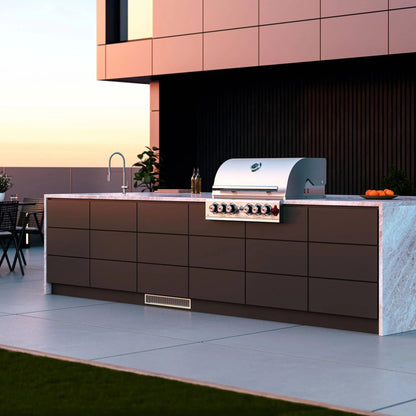 Blastcool extremis ixp1 integrated outdoor fridge with silver stainless steel gas grill and black control knobs