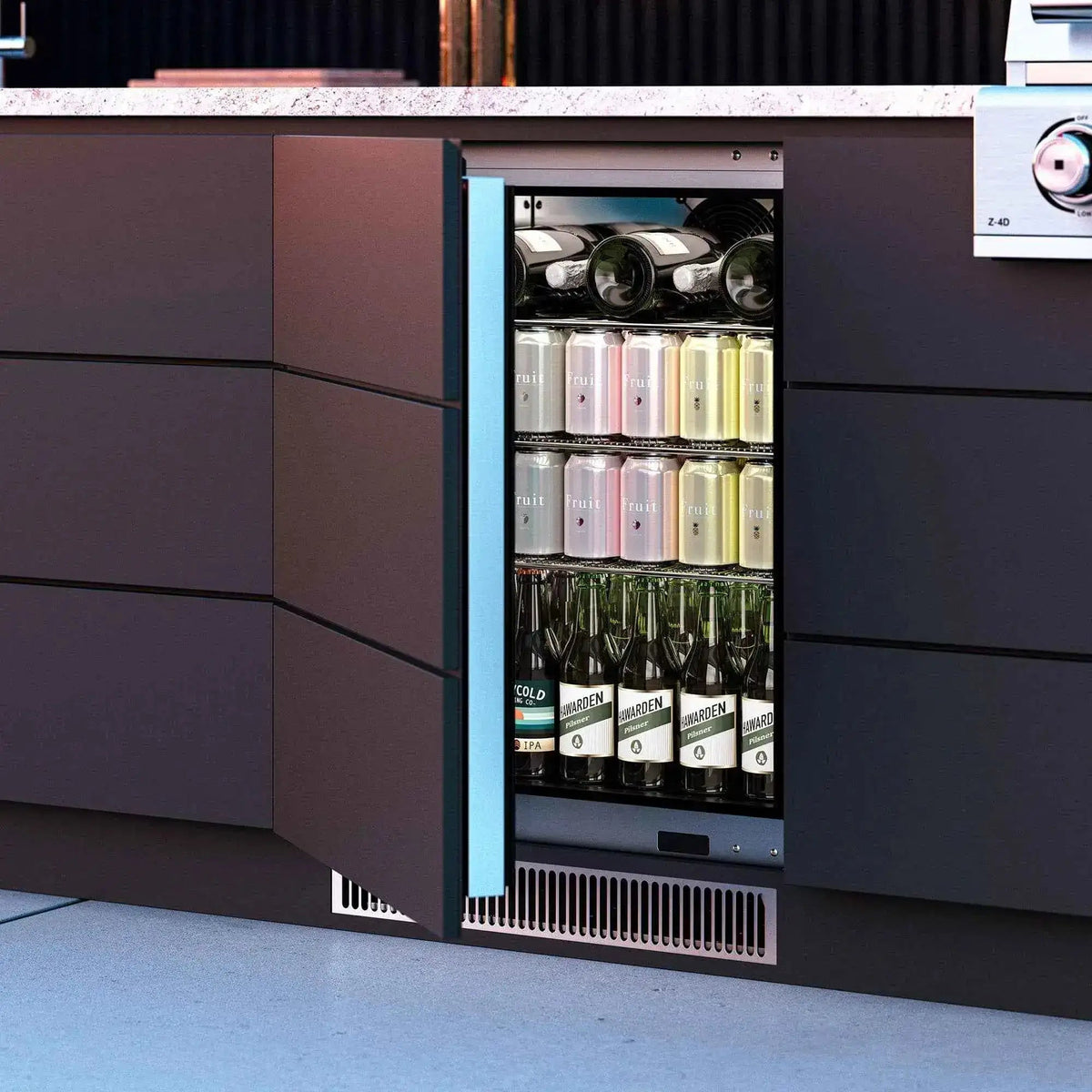 Blastcool Extremis iXP1 integrated outdoor fridge in black with sleek minimalist design and blue glowing interior light